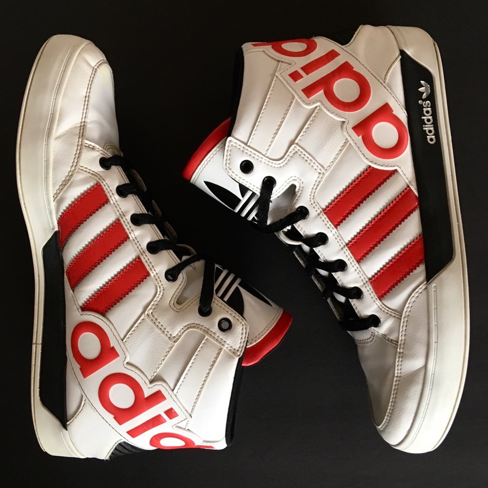 adidas Red Spellout White Hi-Top Basketball Shoes